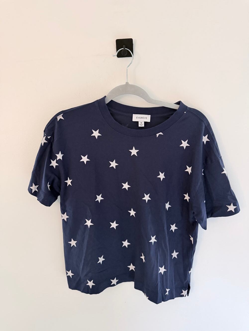 Evereve Navy Blue Short-Sleeve White Star Print Cropped Shirt-Size M